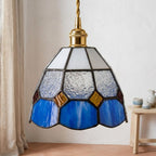 Handmade Cream and Blue Faceted Bell Tiffany-Inspired Pendant Light with Amber-tone Diamond Details - view 10