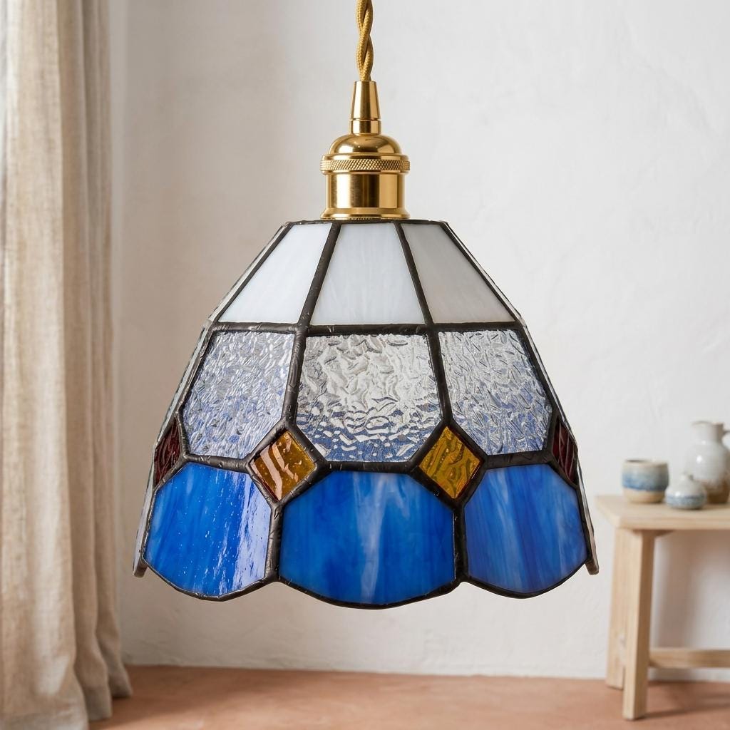 Handmade Cream and Blue Faceted Bell Tiffany-Inspired Pendant Light with Amber-tone Diamond Details - view 10