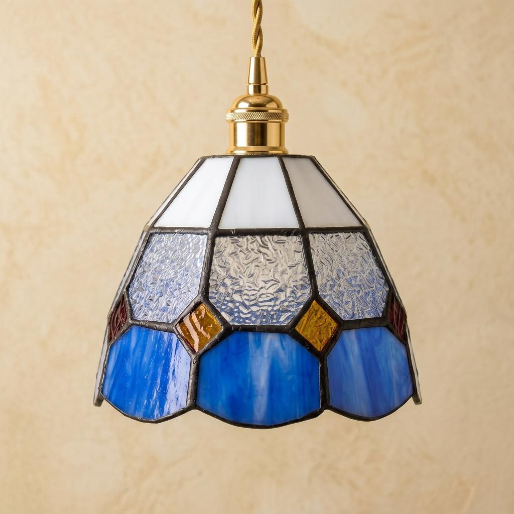 Handmade Cream and Blue Faceted Bell Tiffany-Inspired Pendant Light with Amber-tone Diamond Details - view 5