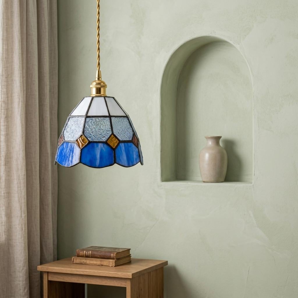 Handmade Cream and Blue Faceted Bell Tiffany-Inspired Pendant Light with Amber-tone Diamond Details - view 6
