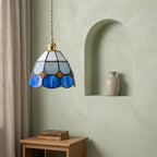 Handmade Cream and Blue Faceted Bell Tiffany-Inspired Pendant Light with Amber-tone Diamond Details - view 6