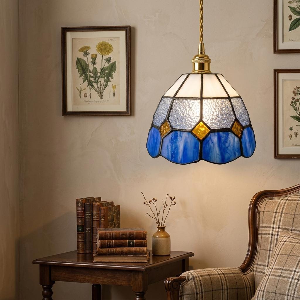 Handmade Cream and Blue Faceted Bell Tiffany-Inspired Pendant Light with Amber-tone Diamond Details - view 7