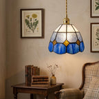 Handmade Cream and Blue Faceted Bell Tiffany-Inspired Pendant Light with Amber-tone Diamond Details - view 7