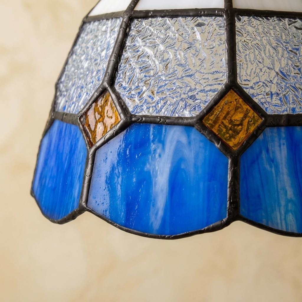 Handmade Cream and Blue Faceted Bell Tiffany-Inspired Pendant Light with Amber-tone Diamond Details - view 3