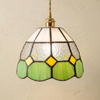 Handmade Cream and Green Tiffany-Inspired Pendant Light with Yellow Diamond Motifs by AuroraeGlass
