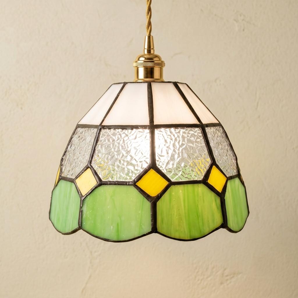 Handmade Cream and Green Tiffany-Inspired Pendant Light with Yellow Diamond Motifs by AuroraeGlass