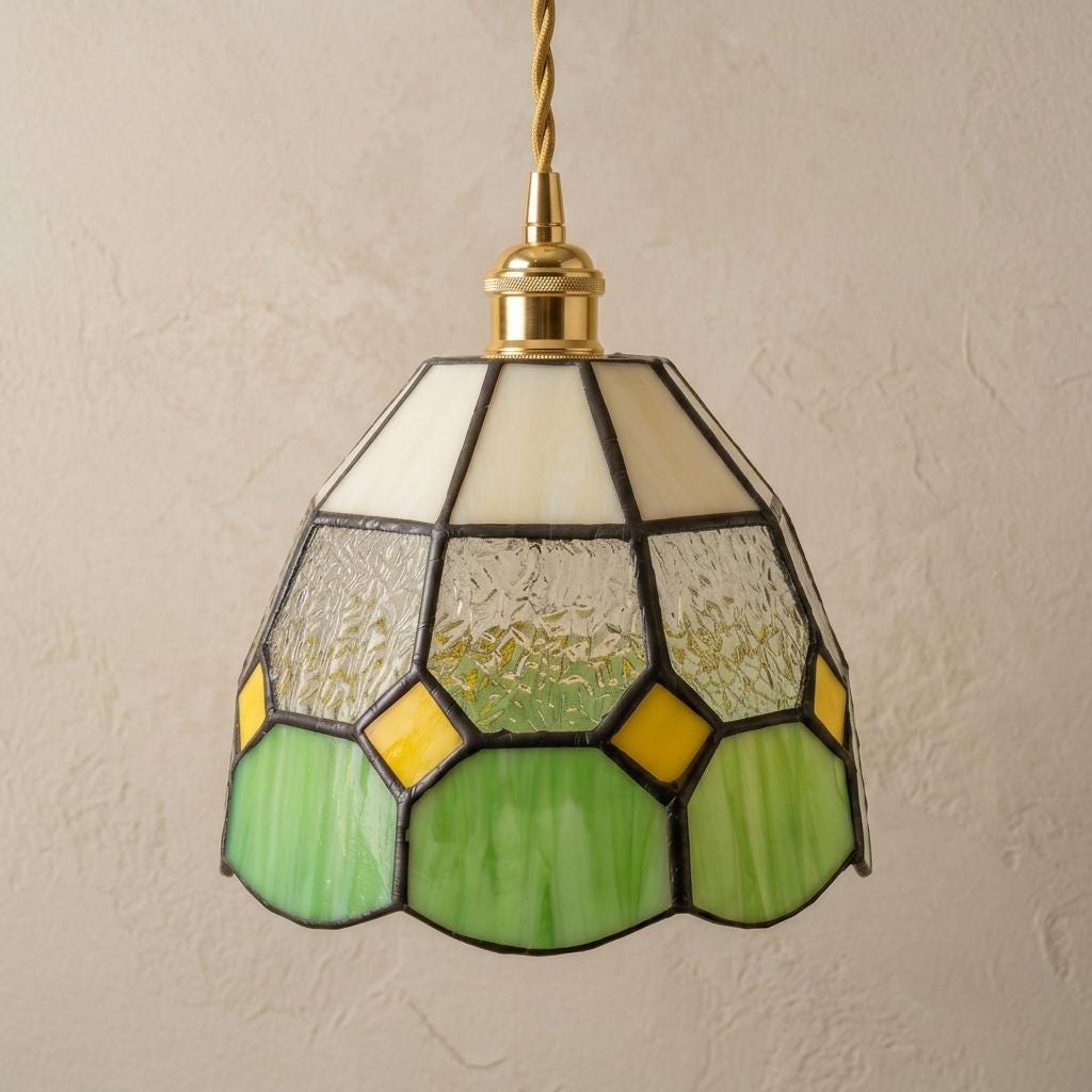 Handmade Cream and Green Tiffany-Inspired Pendant Light with Yellow Diamond Motifs - view 5