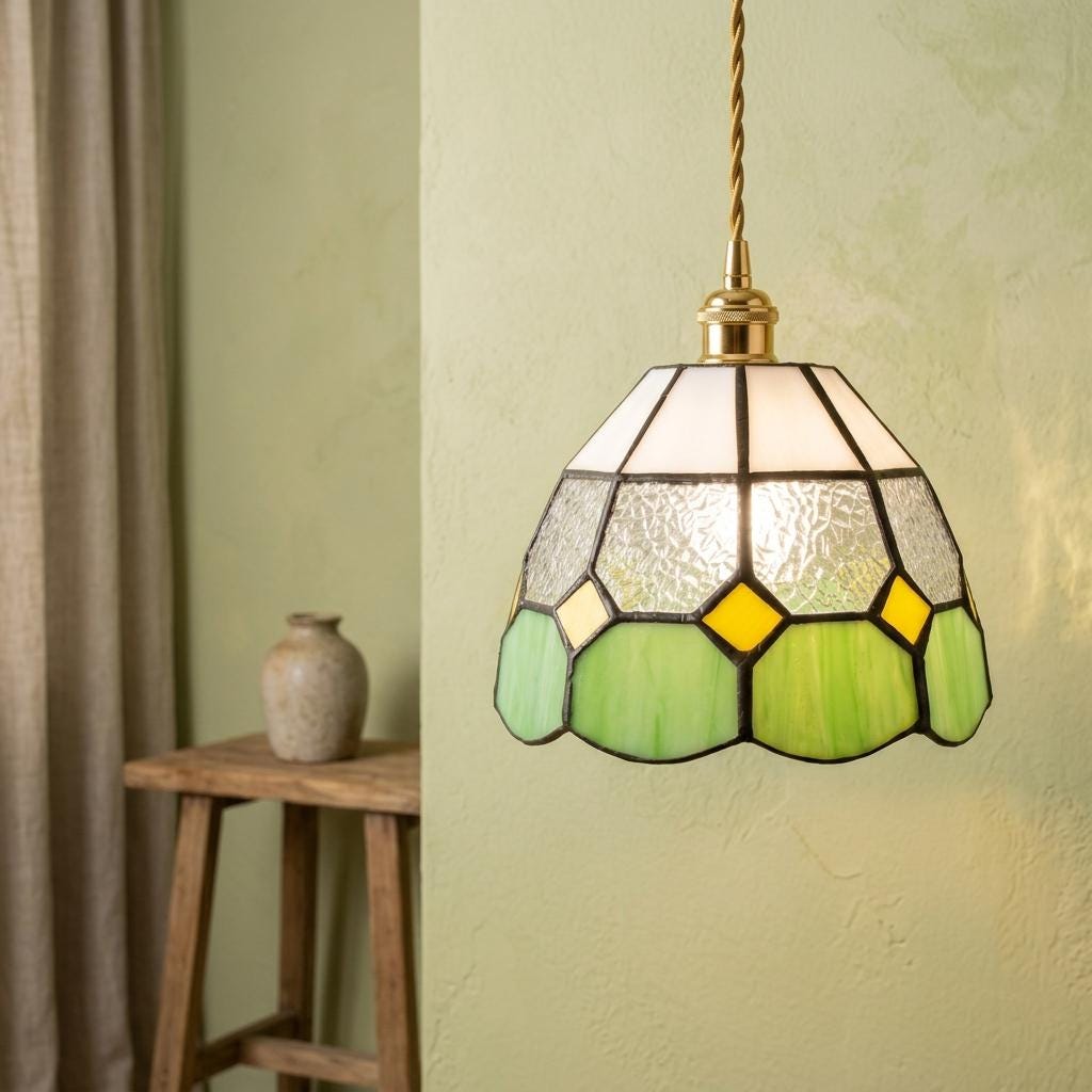 Handmade Cream and Green Tiffany-Inspired Pendant Light with Yellow Diamond Motifs - view 6