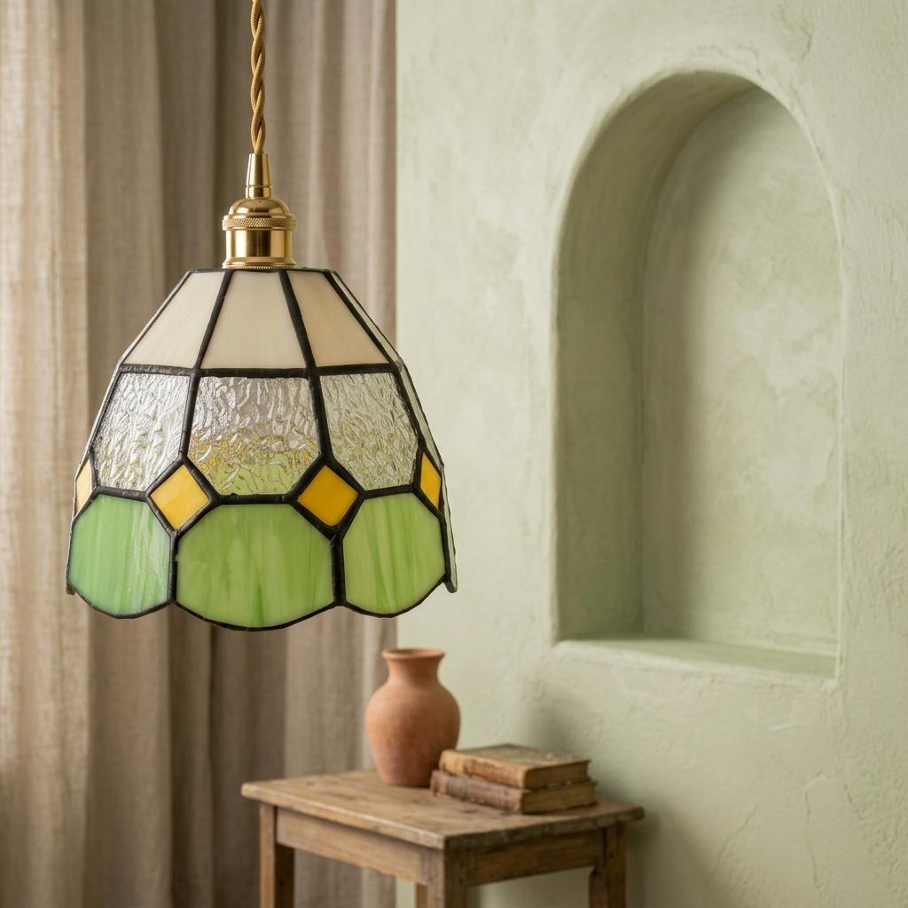 Handmade Cream and Green Tiffany-Inspired Pendant Light with Yellow Diamond Motifs - view 7