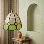 Handmade Cream and Green Tiffany-Inspired Pendant Light with Yellow Diamond Motifs - view 7