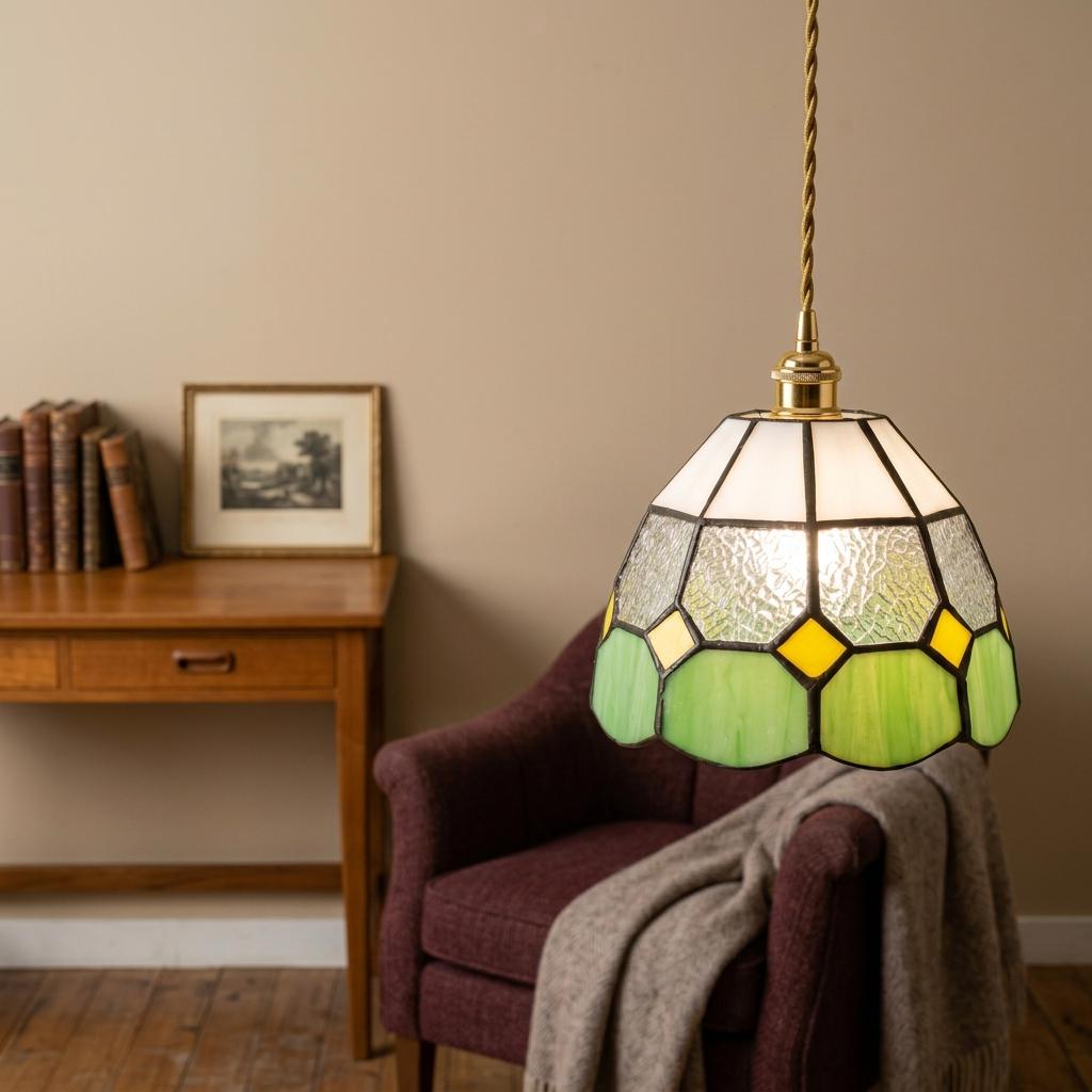 Handmade Cream and Green Tiffany-Inspired Pendant Light with Yellow Diamond Motifs - view 8
