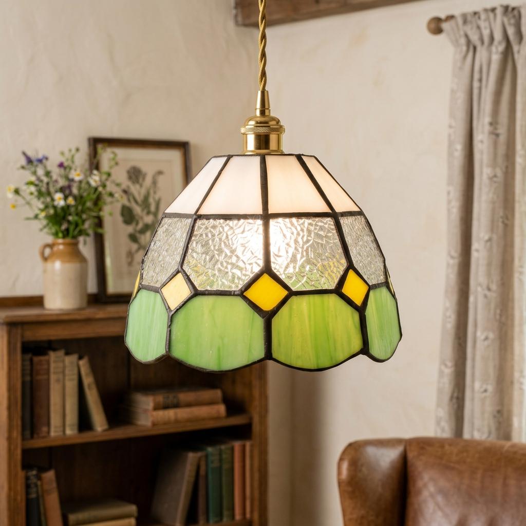 Handmade Cream and Green Tiffany-Inspired Pendant Light with Yellow Diamond Motifs - view 10