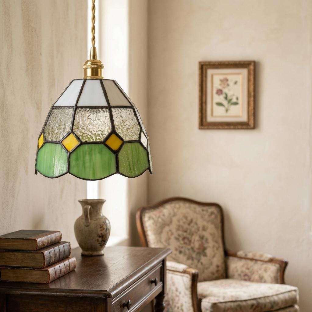 Handmade Cream and Green Tiffany-Inspired Pendant Light with Yellow Diamond Motifs - view 9