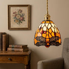 Handmade Dragonfly-Inspired Tiffany-Inspired Pendant Light with Amber-tone Leaves and Scalloped Edge - view 7