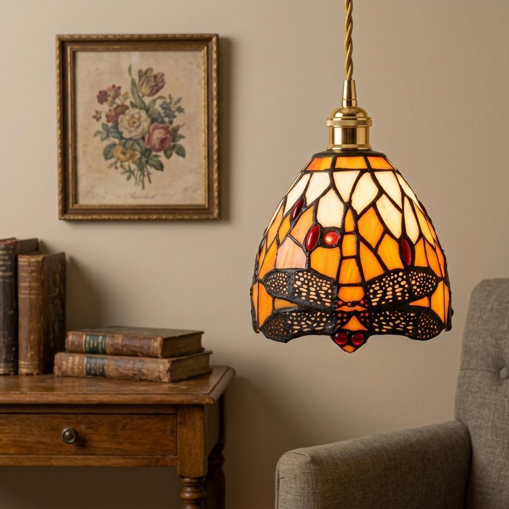 Handmade Dragonfly-Inspired Tiffany-Inspired Pendant Light with Amber-tone Leaves and Scalloped Edge - view 7