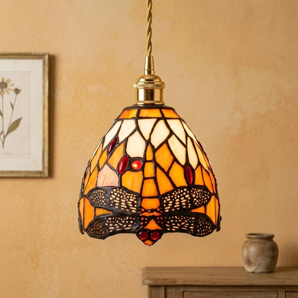 Handmade Dragonfly-Inspired Tiffany-Inspired Pendant Light with Amber-tone Leaves and Scalloped Edge - view 9