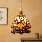 Handmade Dragonfly-Inspired Tiffany-Inspired Pendant Light with Amber-tone Leaves and Scalloped Edge - view 9