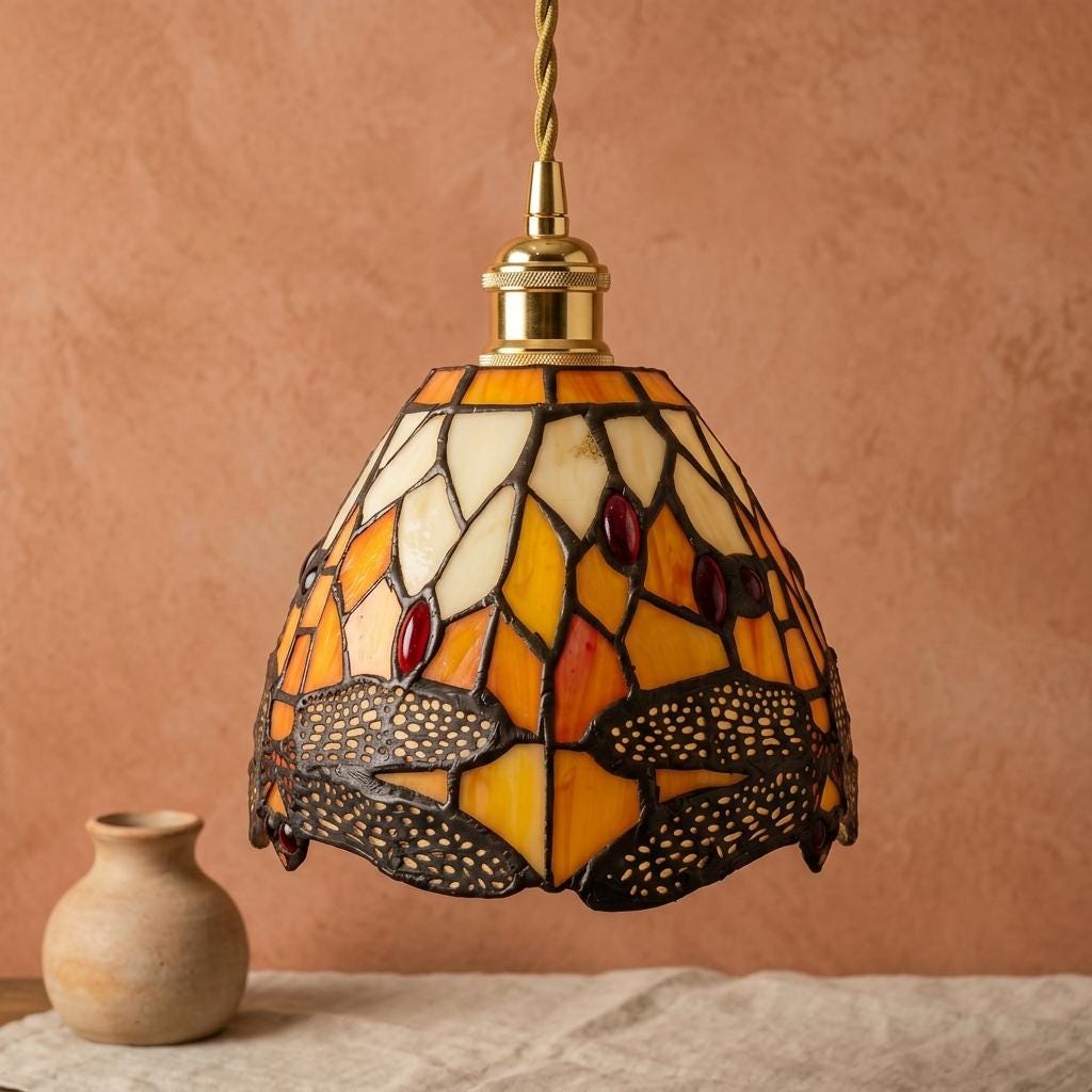 Handmade Dragonfly-Inspired Tiffany-Inspired Pendant Light with Amber-tone Leaves and Scalloped Edge - view 10