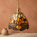 Handmade Dragonfly-Inspired Tiffany-Inspired Pendant Light with Amber-tone Leaves and Scalloped Edge - view 10