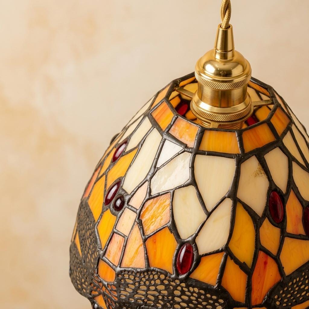Handmade Dragonfly-Inspired Tiffany-Inspired Pendant Light with Amber-tone Leaves and Scalloped Edge - view 3