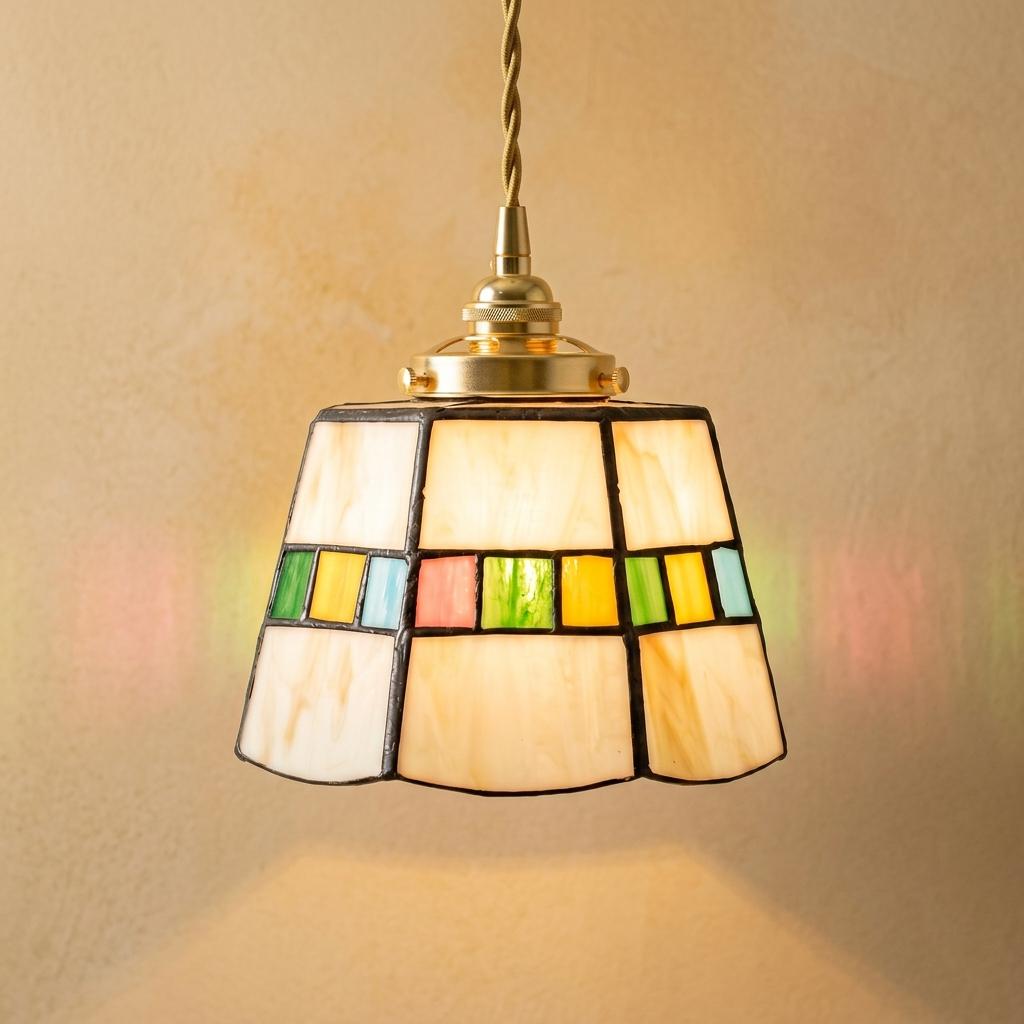 Handmade Cream Tiffany-Inspired Pendant Light with Slim Multicolor Square Band by AuroraeGlass