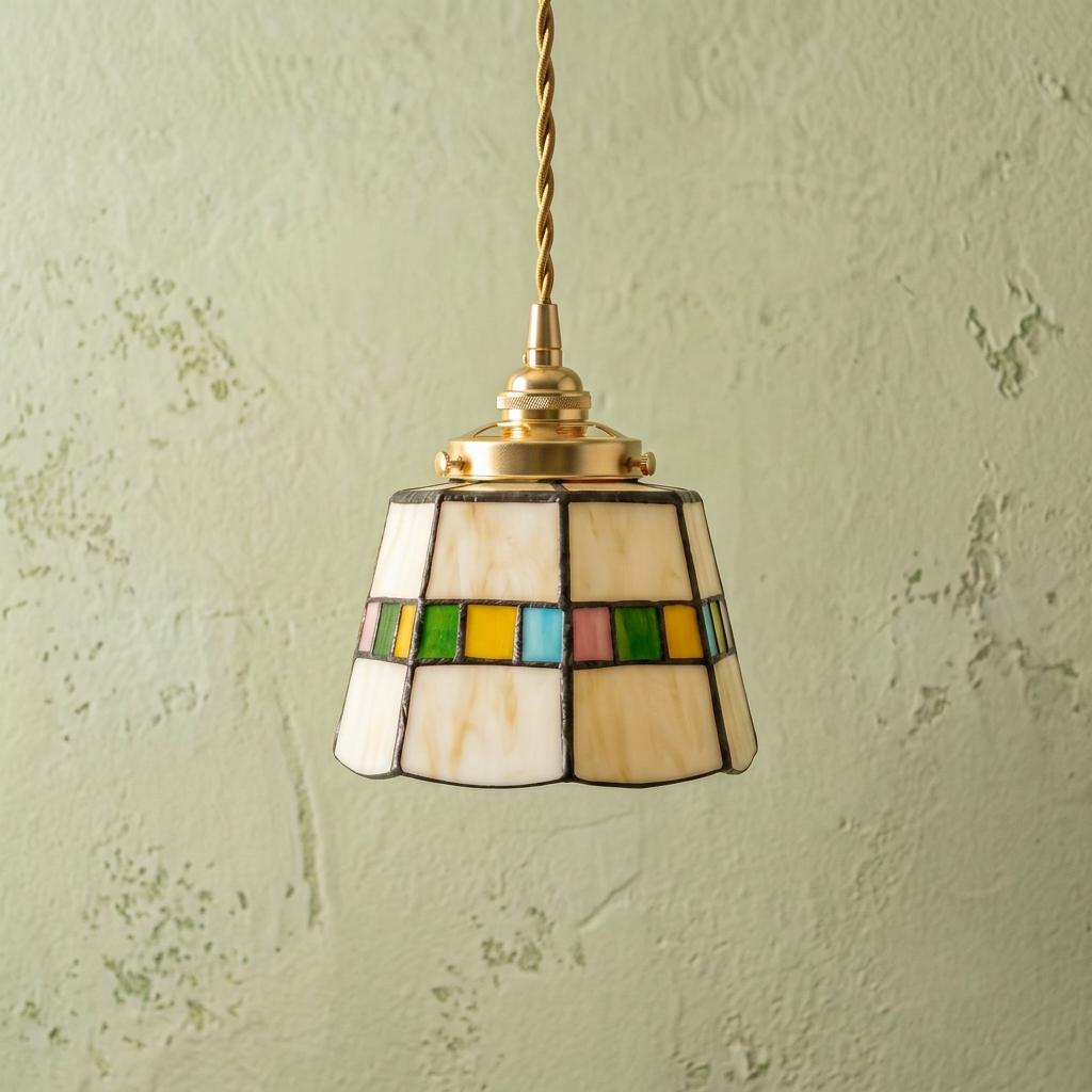 Handmade Cream Tiffany-Inspired Pendant Light with Slim Multicolor Square Band - view 5