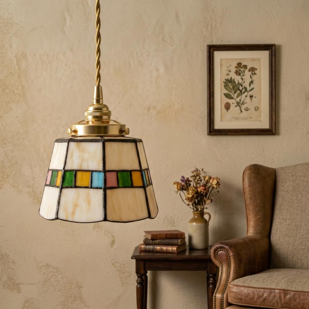 Handmade Cream Tiffany-Inspired Pendant Light with Slim Multicolor Square Band - view 9
