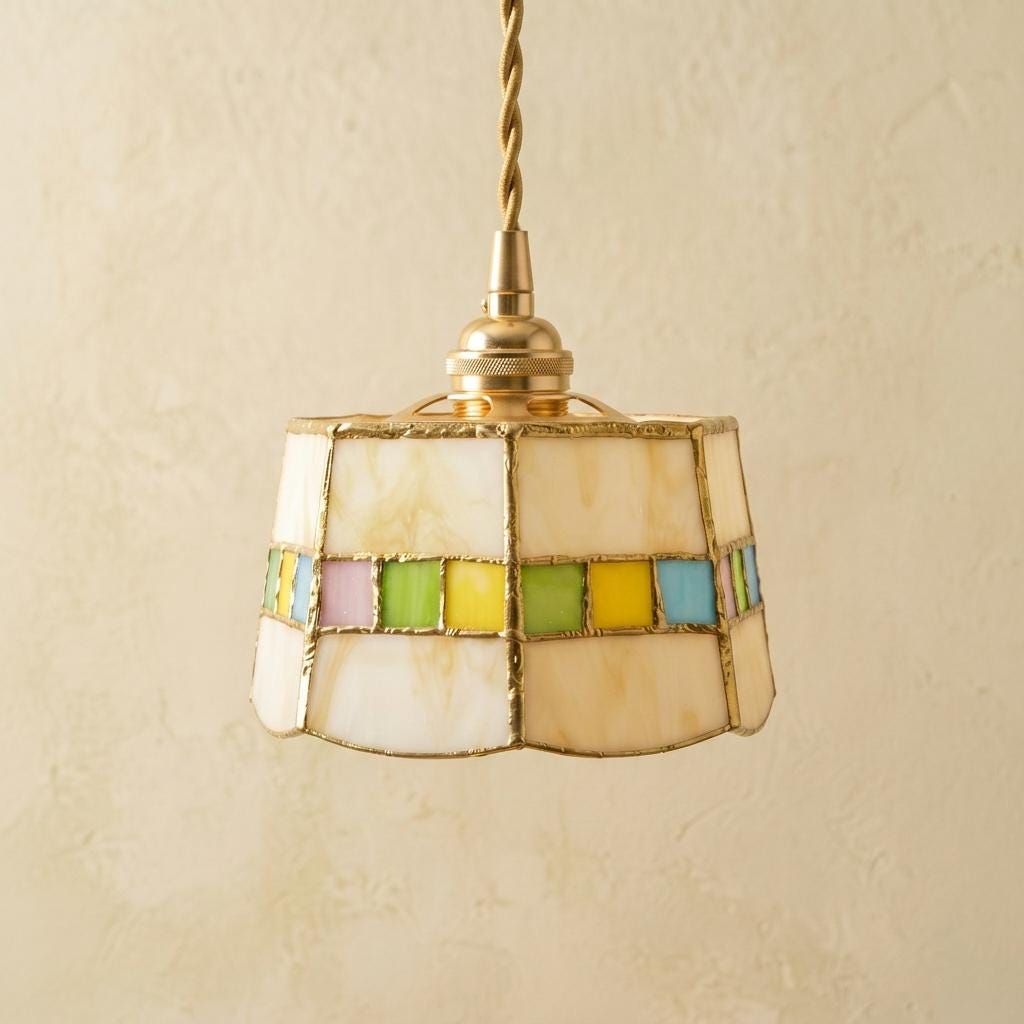 Handmade Cream Tiffany-Inspired Pendant Light with Multicolor Band and Gold-Tone Trim - view 5