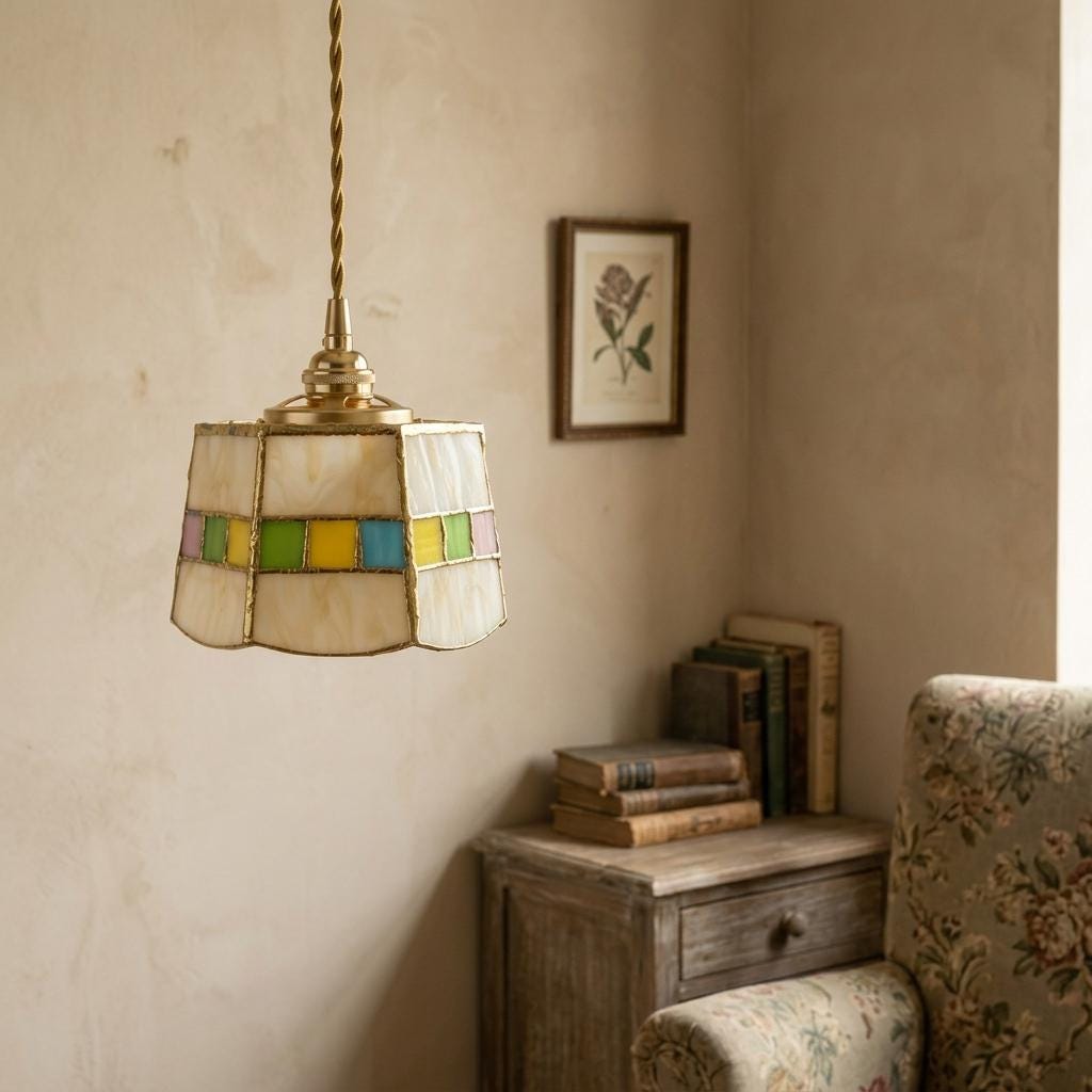 Handmade Cream Tiffany-Inspired Pendant Light with Multicolor Band and Gold-Tone Trim - view 9