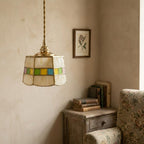 Handmade Cream Tiffany-Inspired Pendant Light with Multicolor Band and Gold-Tone Trim - view 9