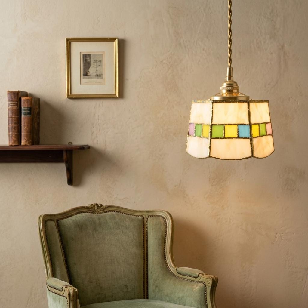 Handmade Cream Tiffany-Inspired Pendant Light with Multicolor Band and Gold-Tone Trim - view 8