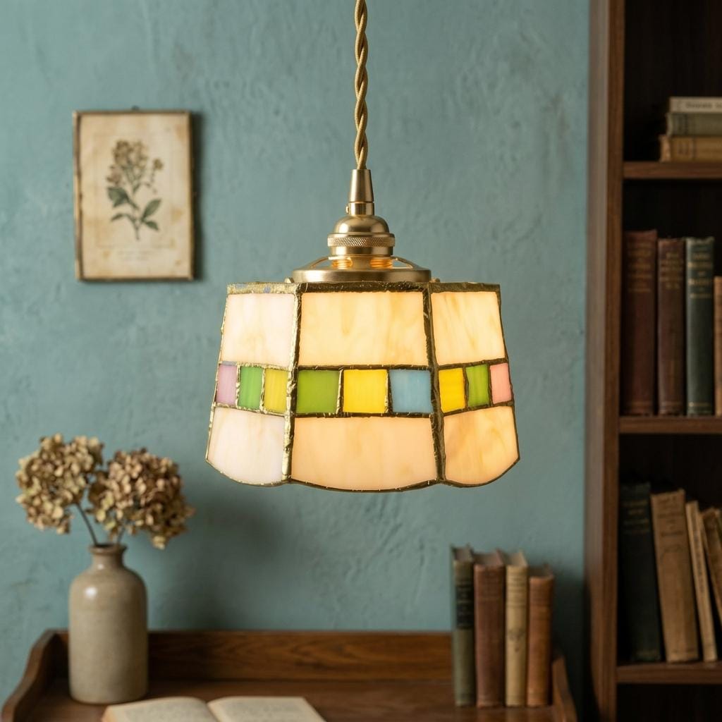 Handmade Cream Tiffany-Inspired Pendant Light with Multicolor Band and Gold-Tone Trim - view 10