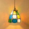 Handmade Multicolor Grid Tiffany-Inspired Pendant Light with Blue, Green, and Amber-tone Panels by AuroraeGlass