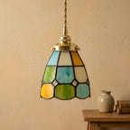Handmade Multicolor Grid Tiffany-Inspired Pendant Light with Blue, Green, and Amber-tone Panels - view 9