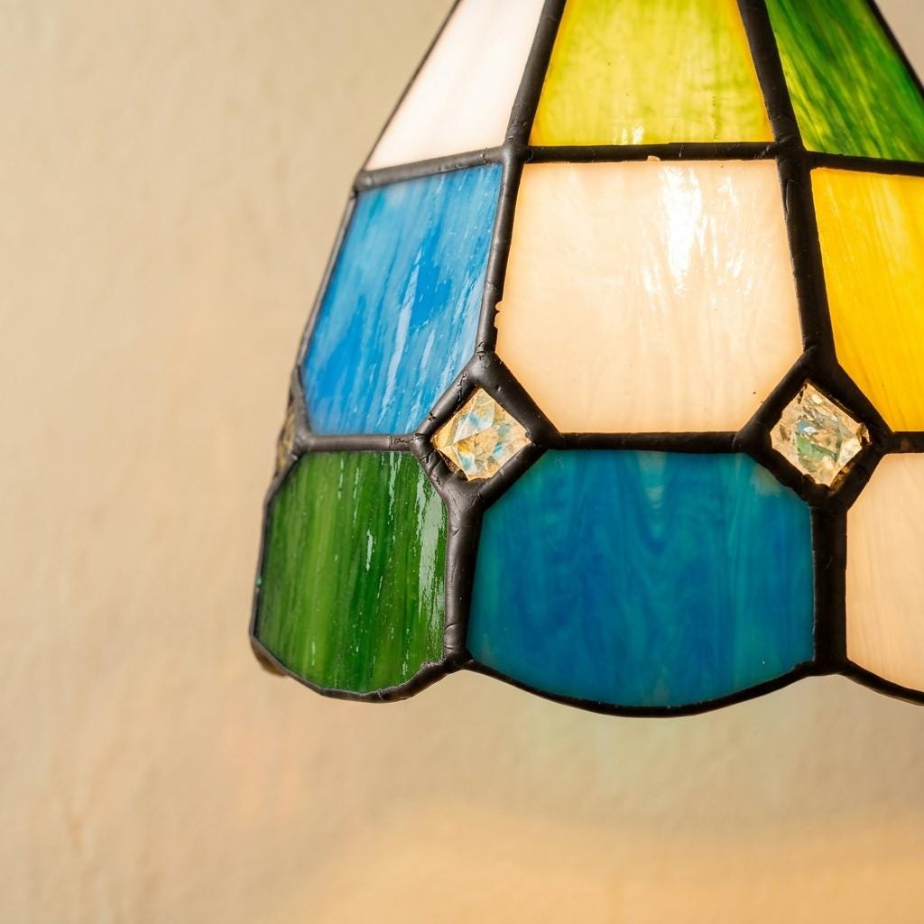 Handmade Multicolor Grid Tiffany-Inspired Pendant Light with Blue, Green, and Amber-tone Panels - view 2