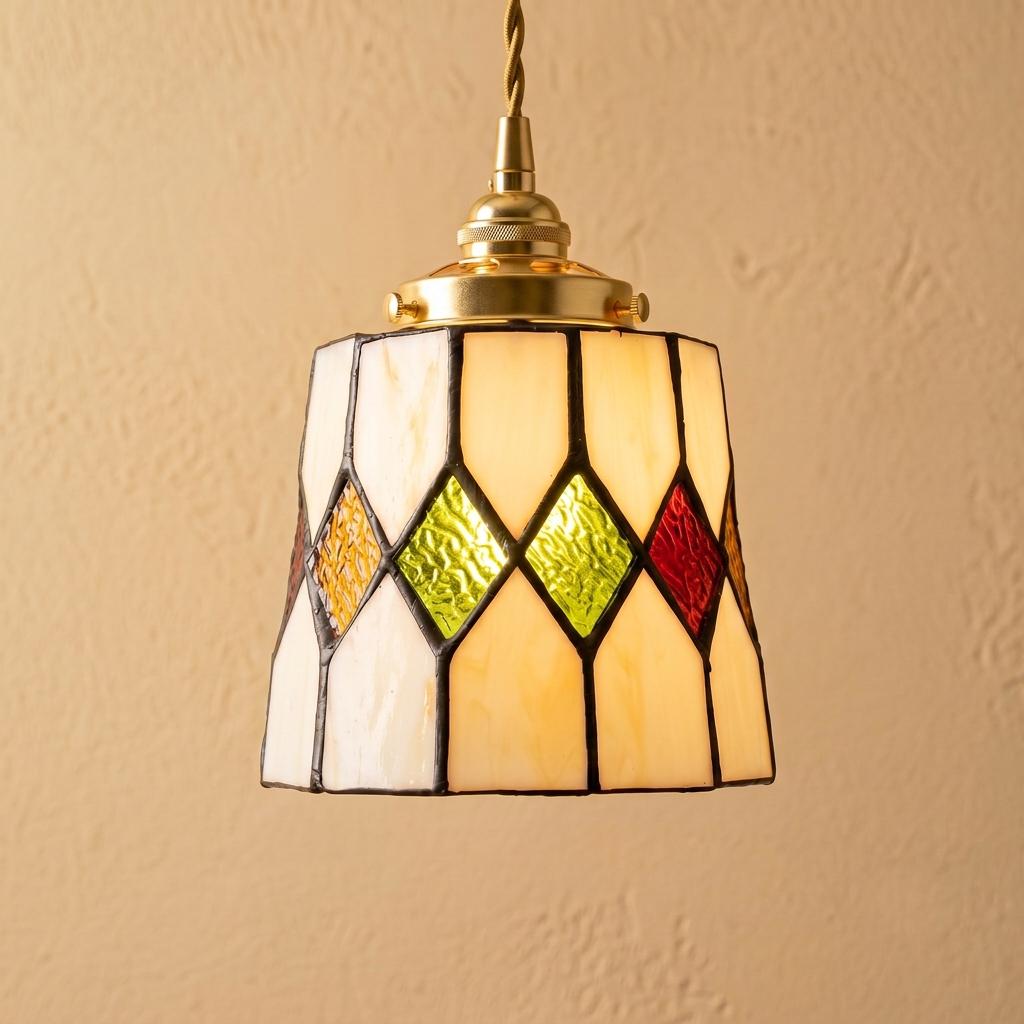 Handmade Cream Tiffany-Inspired Pendant Light with Red, Amber-tone, and Green Diamond Motifs by AuroraeGlass