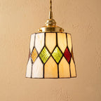 Handmade Cream Tiffany-Inspired Pendant Light with Red, Amber-tone, and Green Diamond Motifs by AuroraeGlass