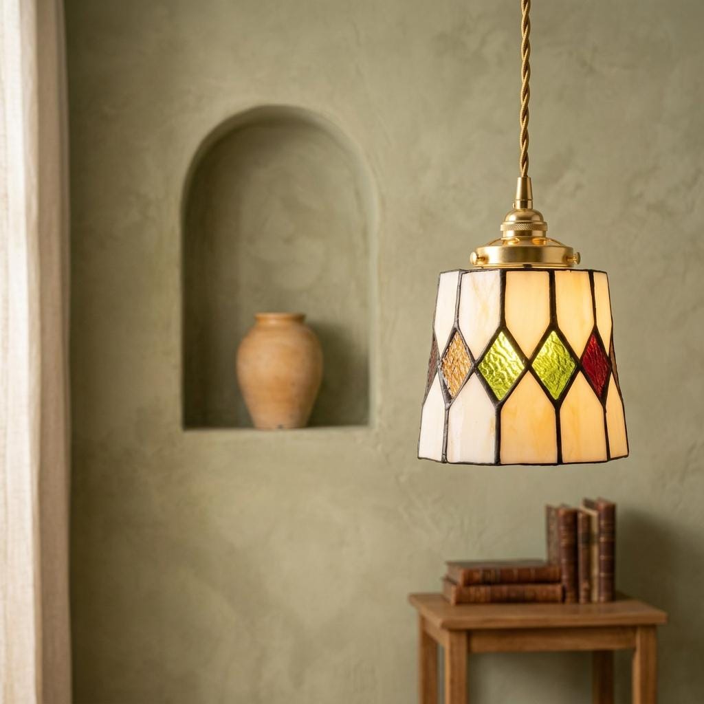 Handmade Cream Tiffany-Inspired Pendant Light with Red, Amber-tone, and Green Diamond Motifs - view 6