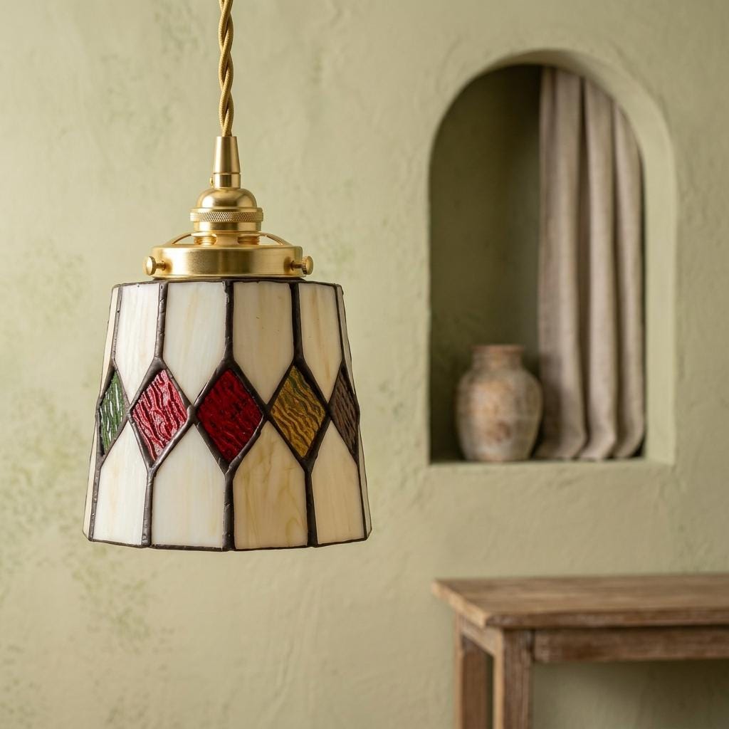 Handmade Cream Tiffany-Inspired Pendant Light with Red, Amber-tone, and Green Diamond Motifs - view 7