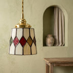 Handmade Cream Tiffany-Inspired Pendant Light with Red, Amber-tone, and Green Diamond Motifs - view 7