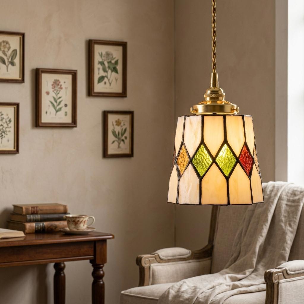 Handmade Cream Tiffany-Inspired Pendant Light with Red, Amber-tone, and Green Diamond Motifs - view 8