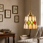 Handmade Cream Tiffany-Inspired Pendant Light with Red, Amber-tone, and Green Diamond Motifs - view 8