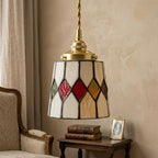 Handmade Cream Tiffany-Inspired Pendant Light with Red, Amber-tone, and Green Diamond Motifs - view 9