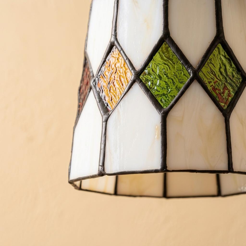 Handmade Cream Tiffany-Inspired Pendant Light with Red, Amber-tone, and Green Diamond Motifs - view 3