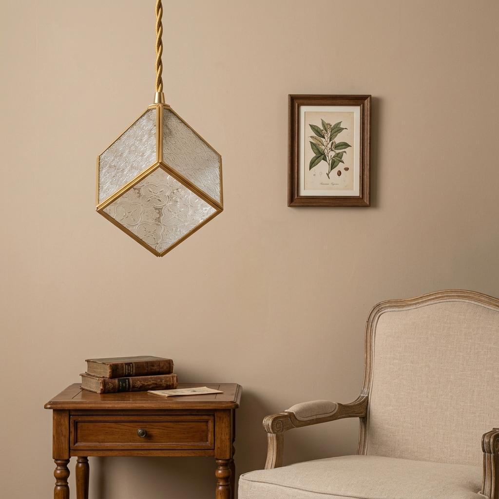 Handmade Faceted Cube Pendant Light with Clear Panels and Gold-Tone Frame - view 8