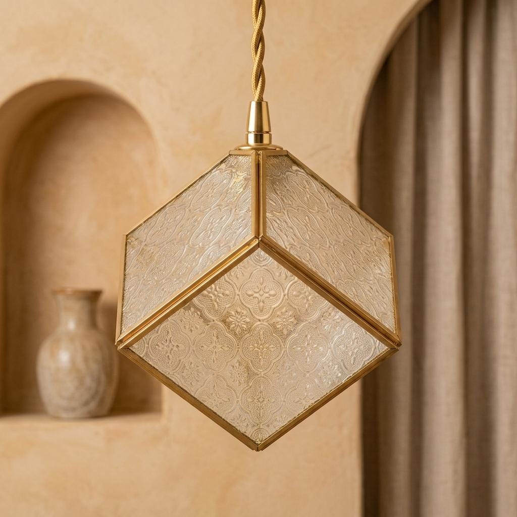 Handmade Faceted Cube Pendant Light with Clear Panels and Gold-Tone Frame - view 9