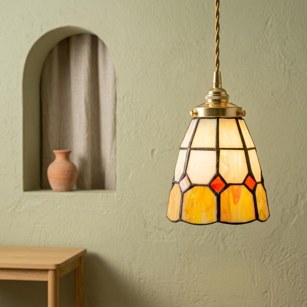 Handmade Cream and Yellow Faceted Bell Tiffany-Inspired Pendant Light - view 6