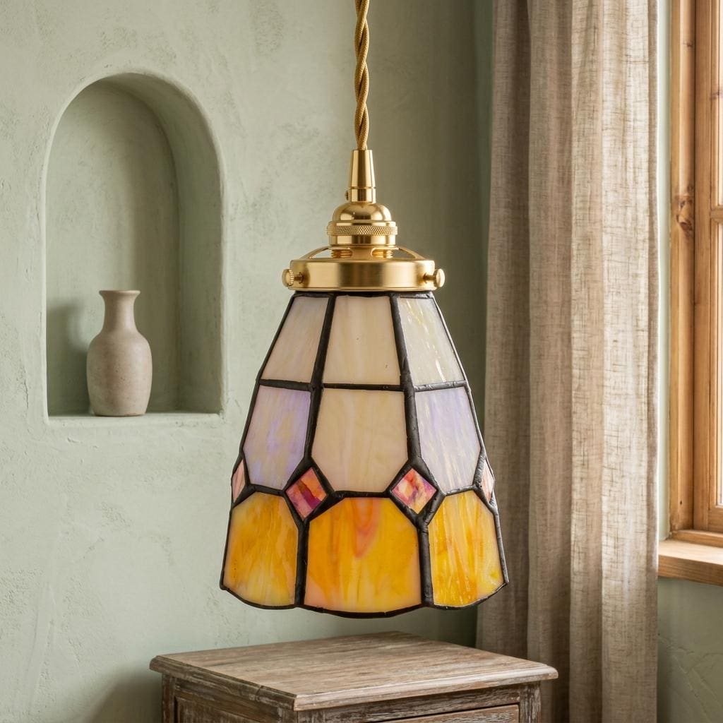 Handmade Cream and Yellow Faceted Bell Tiffany-Inspired Pendant Light - view 7