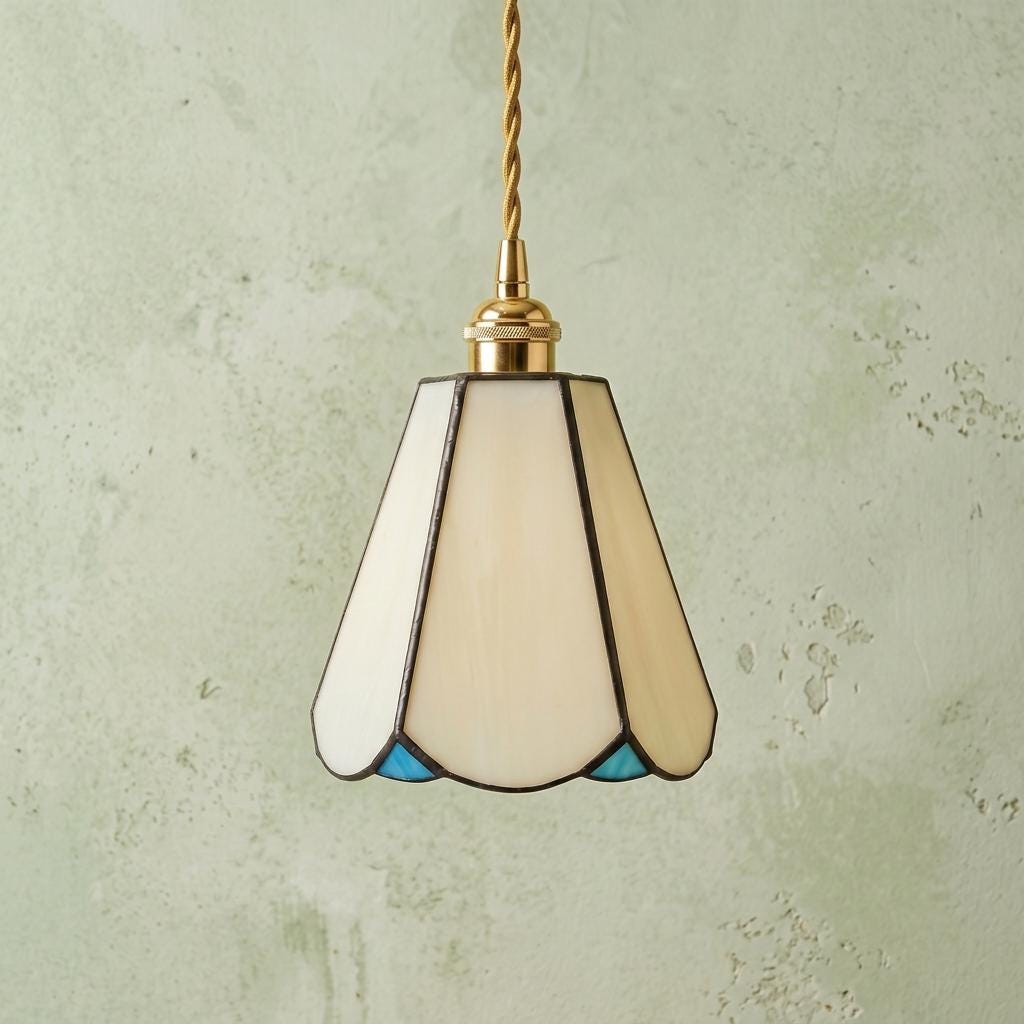 Handmade Cream Petal Tiffany-Inspired Pendant Light with Blue Details and a Slender Bell Shape - view 3