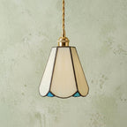 Handmade Cream Petal Tiffany-Inspired Pendant Light with Blue Details and a Slender Bell Shape - view 3